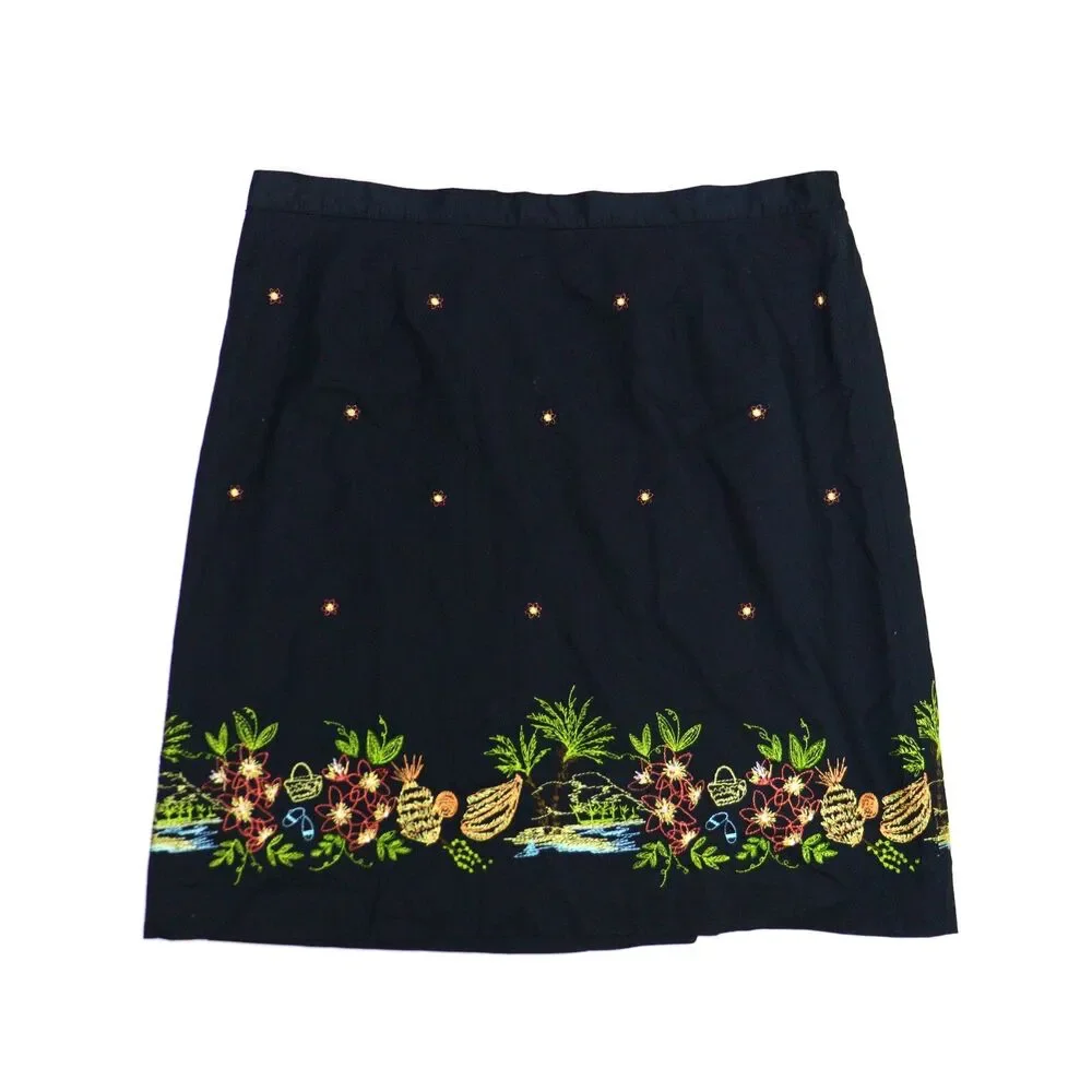 Annex Casual Corner Skirt Sz 1X Black‎ Midi Pull On Hawaiian Fruit Embroidered